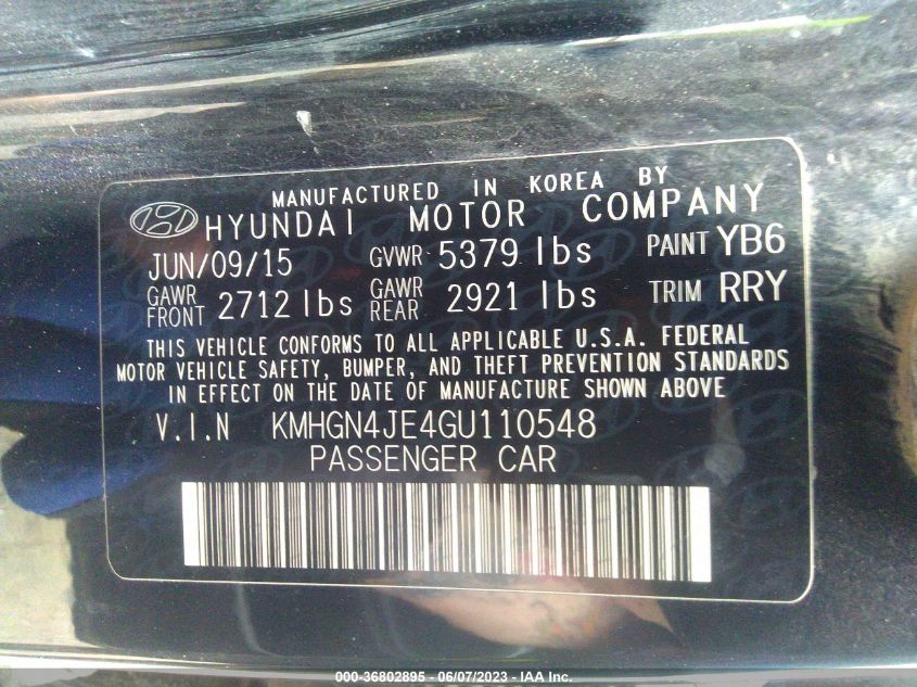 2016 HYUNDAI GENESIS 3.8L - KMHGN4JE4GU110548