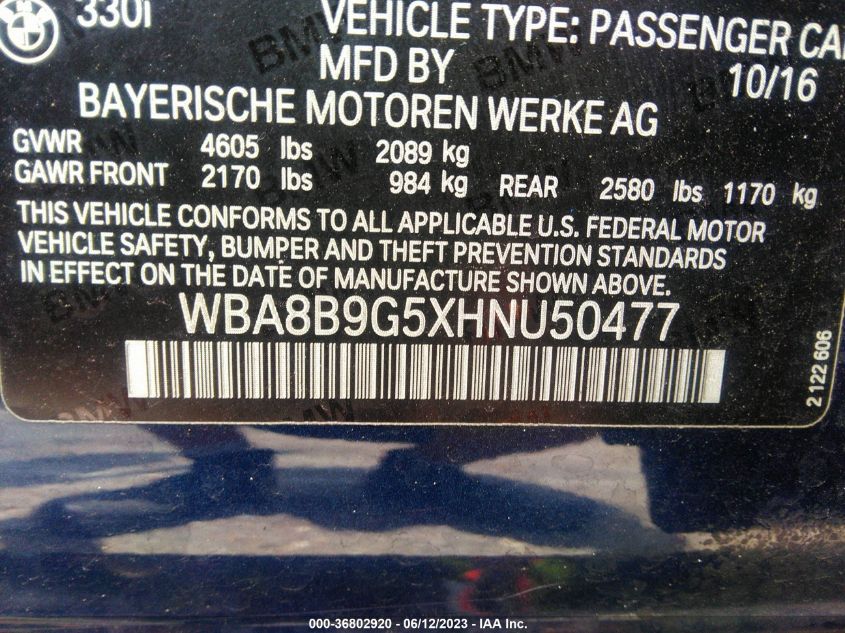 2017 BMW 3 SERIES 330I - WBA8B9G5XHNU50477