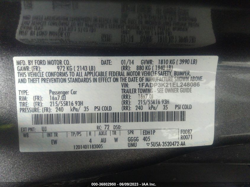 2014 FORD FOCUS SE - 1FADP3K21EL248086