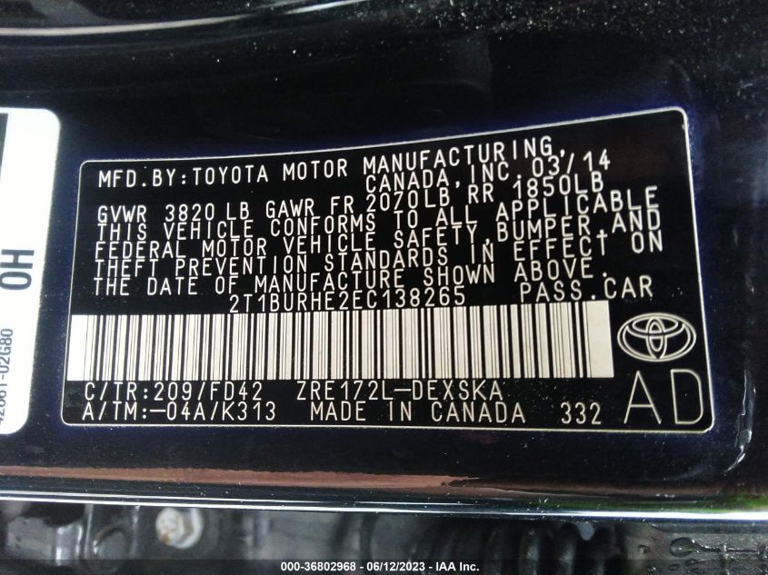 2014 TOYOTA COROLLA S - 2T1BURHE2EC138265