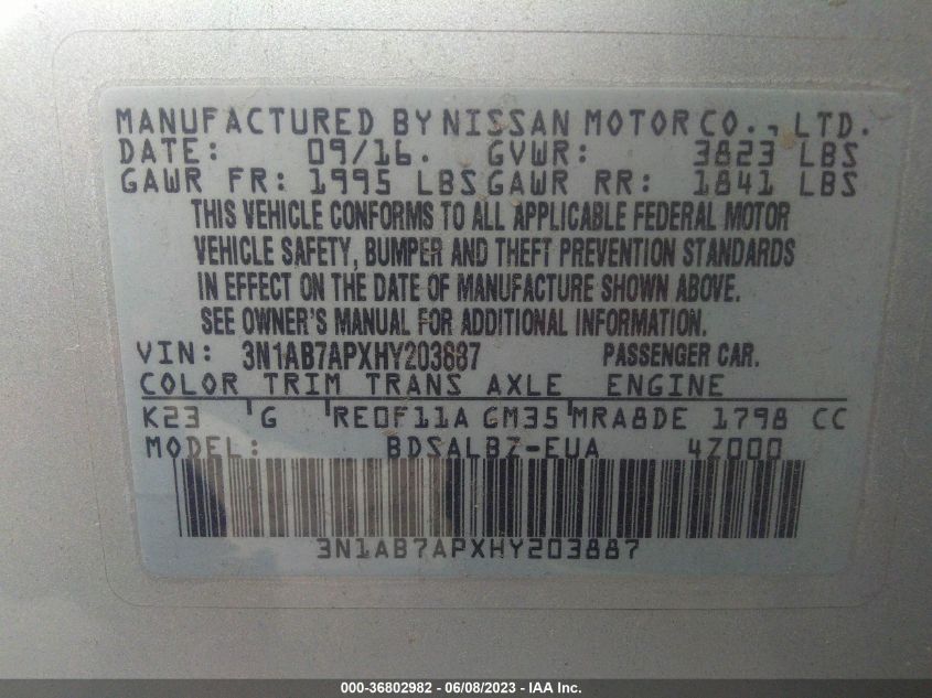 2017 NISSAN SENTRA S/SV/SR/SL - 3N1AB7APXHY203887