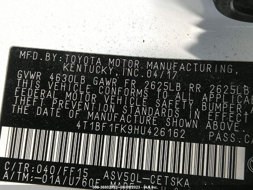 2017 TOYOTA CAMRY XLE/SE/LE/XSE - 4T1BF1FK9HU426162