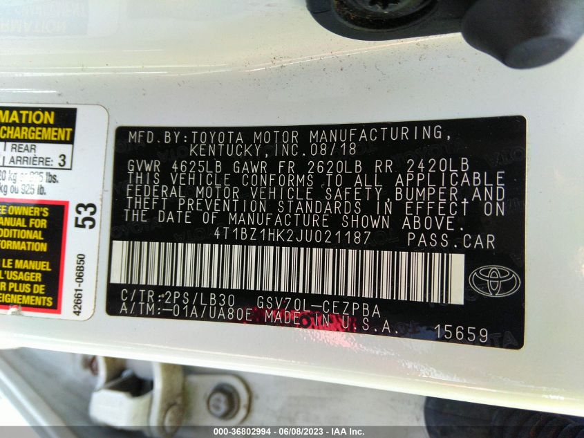 2018 TOYOTA CAMRY V6 - 4T1BZ1HK2JU021187