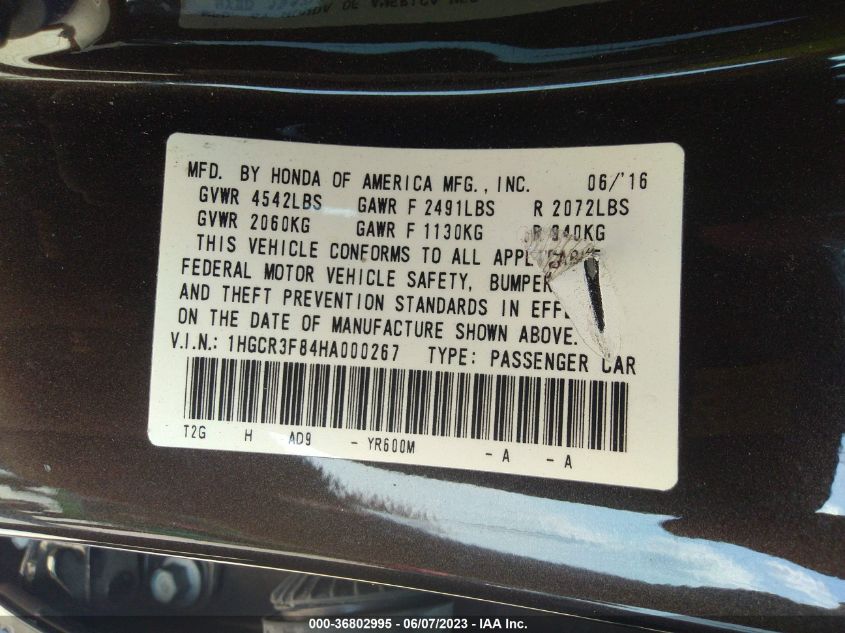 2017 HONDA ACCORD SEDAN EX-L V6 - 1HGCR3F84HA000267