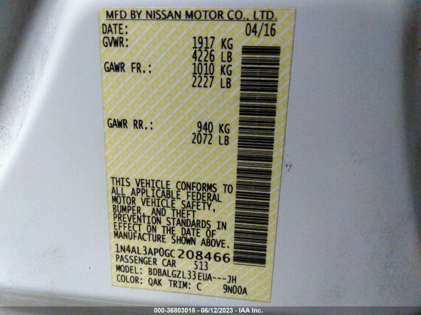 2016 NISSAN ALTIMA 2.5 S - 1N4AL3AP0GC208466
