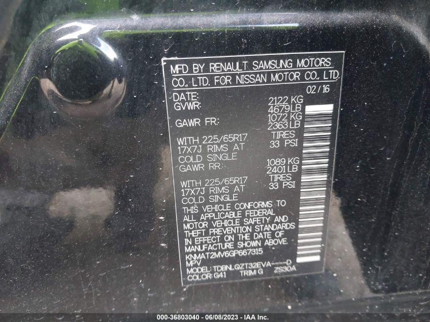 2016 NISSAN ROGUE SV - KNMAT2MV6GP667315