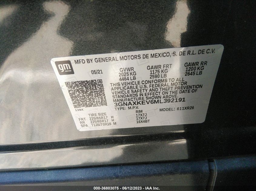 2021 CHEVROLET EQUINOX LT - 3GNAXKEV6ML392191