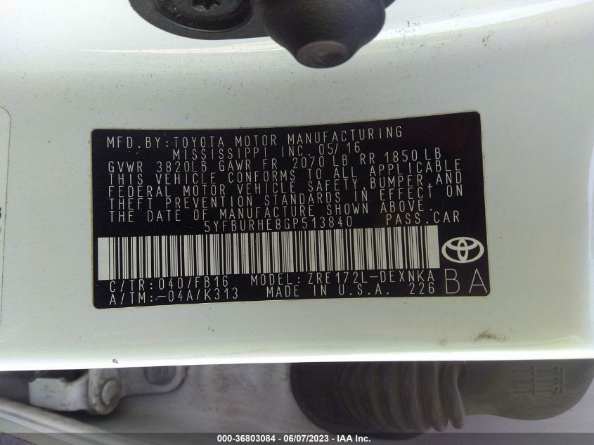 2016 TOYOTA COROLLA L/LE/S/S PLUS/LE PLUS - 5YFBURHE8GP513840