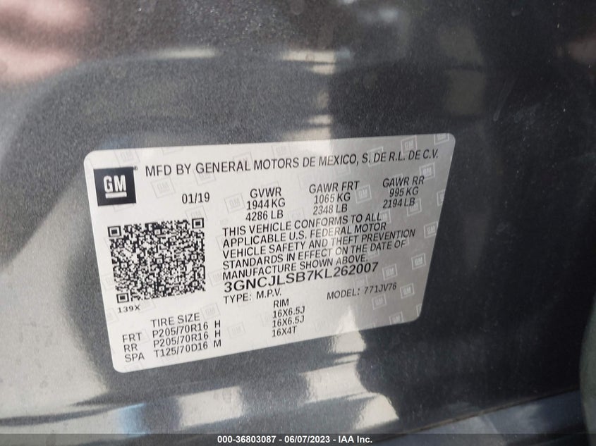VIN 3GNCJLSB7KL262007 2019 CHEVROLET TRAX LT