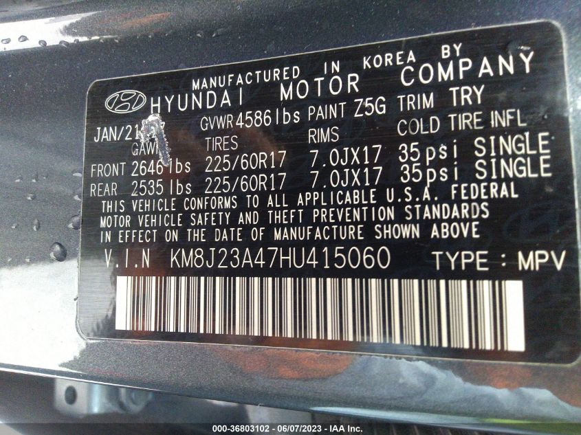 2017 HYUNDAI TUCSON SE - KM8J23A47HU415060