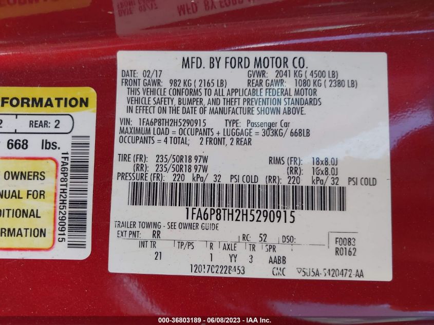 2017 FORD MUSTANG - 1FA6P8TH2H5290915