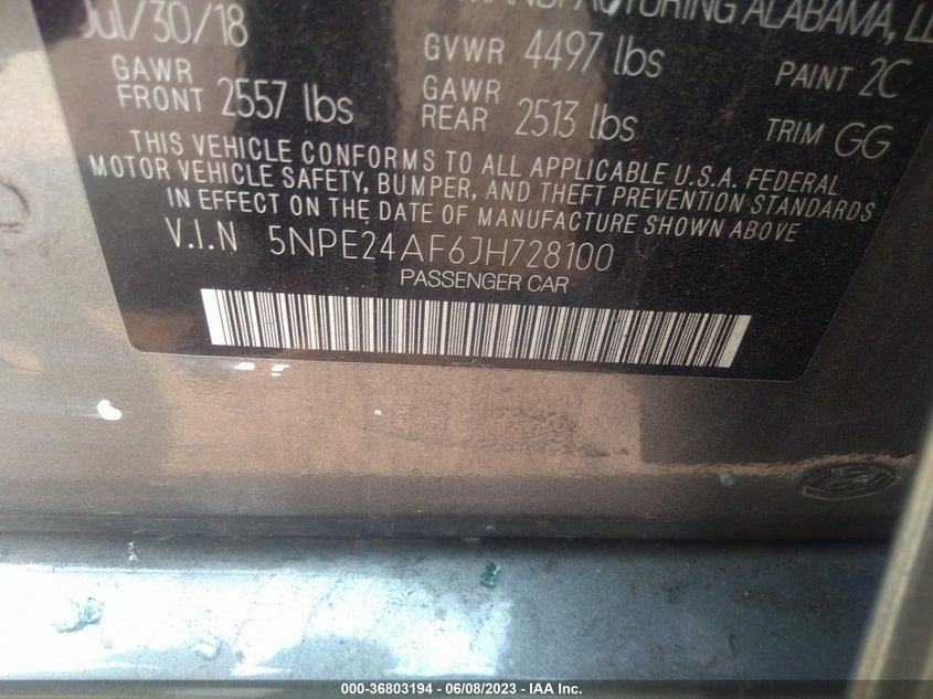 VIN 5NPE24AF6JH728100 2018 HYUNDAI SONATA SE