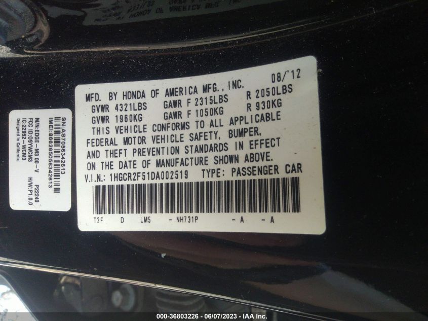 2013 HONDA ACCORD SDN SPORT - 1HGCR2F51DA002519