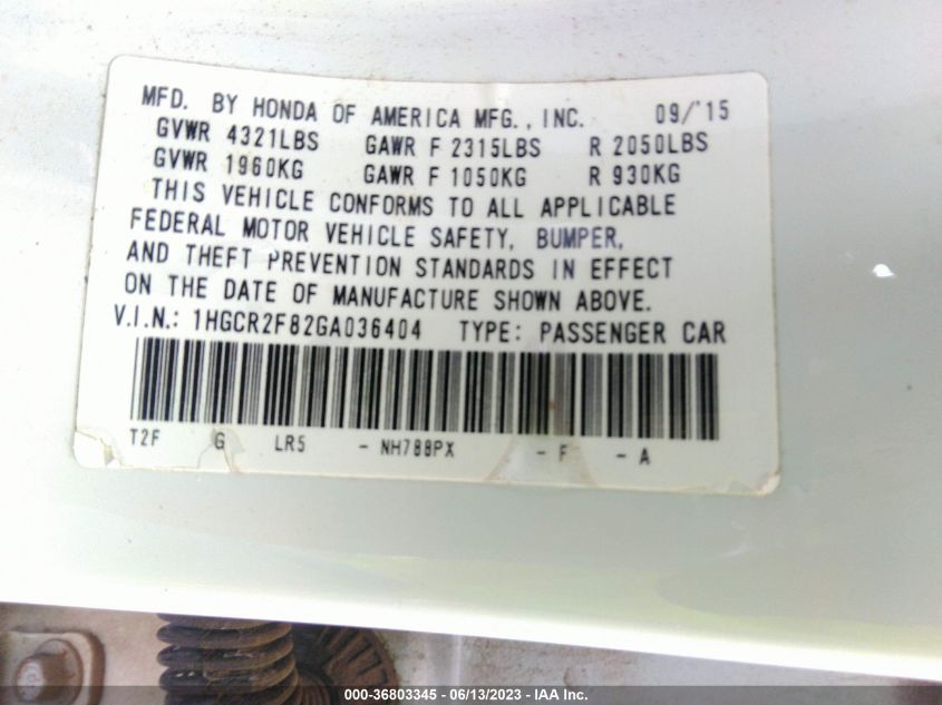 2016 HONDA ACCORD SEDAN EX-L - 1HGCR2F82GA036404