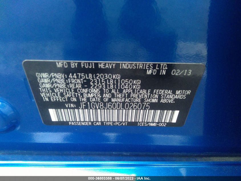 2013 SUBARU IMPREZA SEDAN WRX WRX STI - JF1GV8J60DL026075