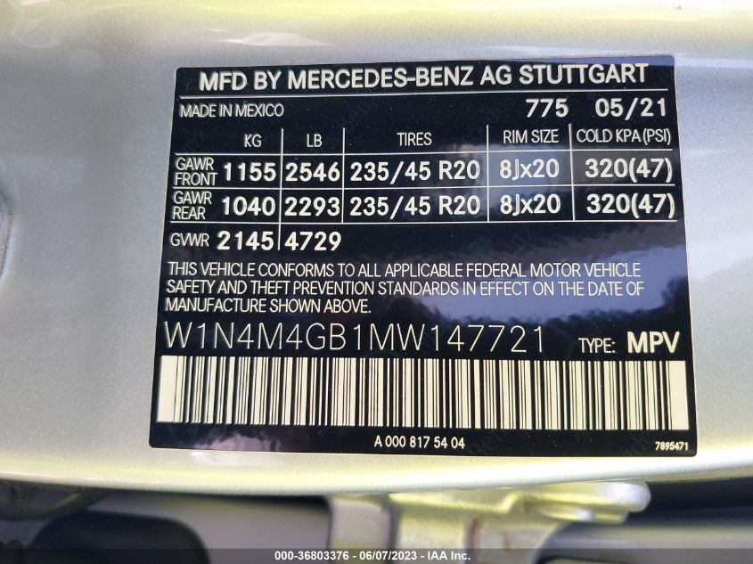 2021 MERCEDES-BENZ GLB GLB 250 - W1N4M4GB1MW147721