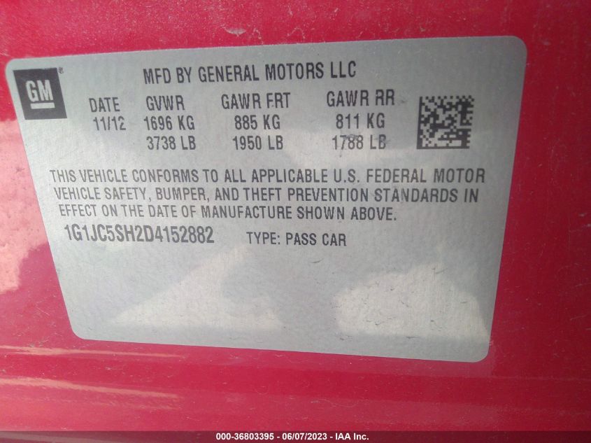 2013 CHEVROLET SONIC LT - 1G1JC5SH2D4152882