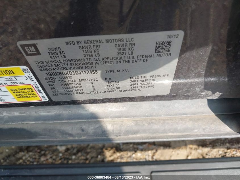 2013 CHEVROLET TRAVERSE LT - 1GNKRGKD3DJ113455