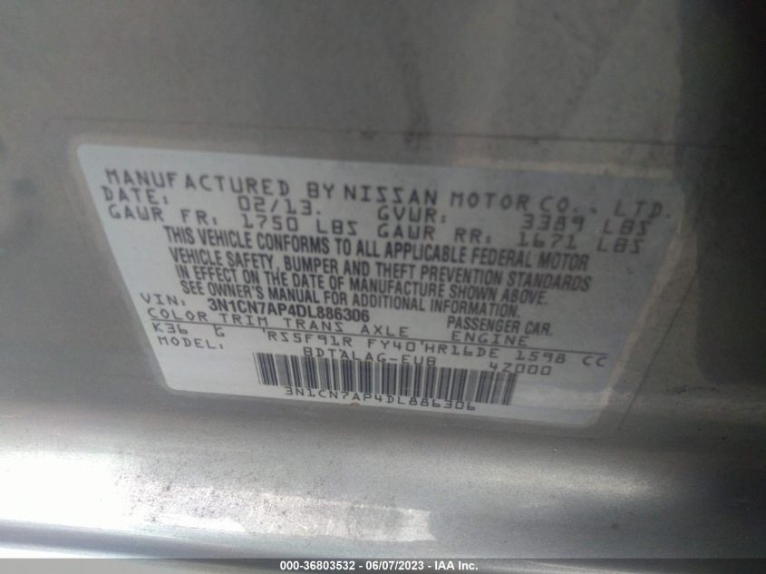 2013 NISSAN VERSA S - 3N1CN7AP4DL886306