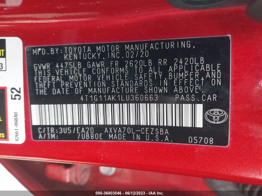 2020 TOYOTA CAMRY SE - 4T1G11AK1LU360663