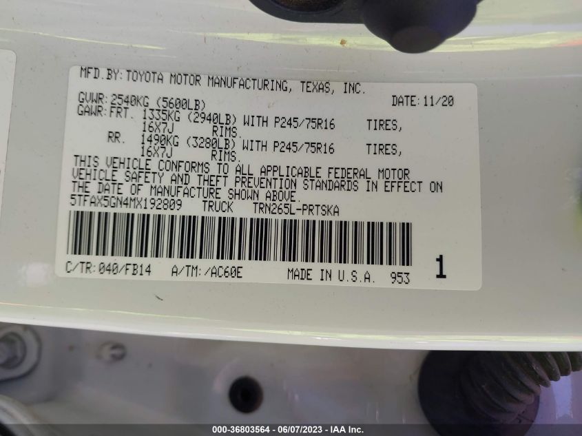 2021 TOYOTA TACOMA 2WD SR/SR5 - 5TFAX5GN4MX192809