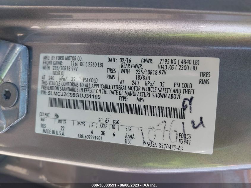 2016 LINCOLN MKC SELECT - 5LMCJ2C96GUJ31199