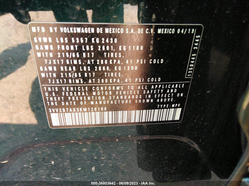 VIN 3VV2B7AX3KM126166 2019 VOLKSWAGEN TIGUAN SE/SEL/SEL R-LINE
