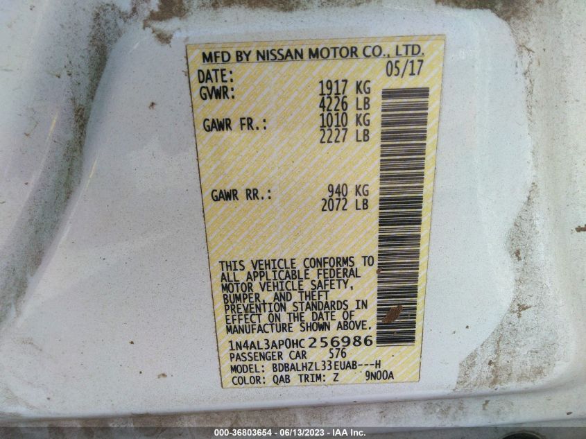 2017 NISSAN ALTIMA 2.5/S/SV/SL/SR - 1N4AL3AP0HC256986