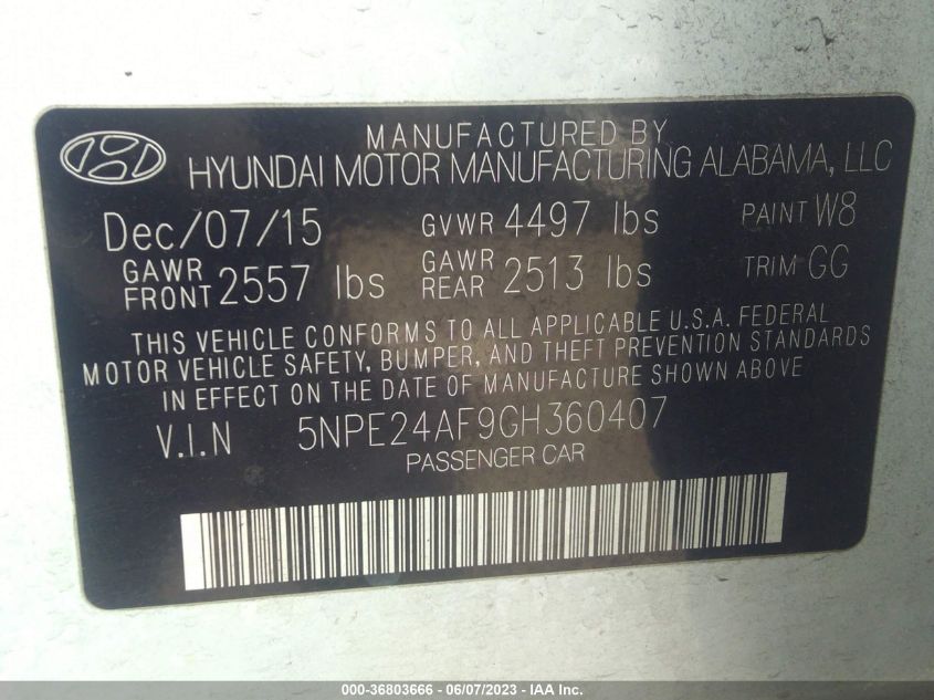 2016 HYUNDAI SONATA 2.4L SE - 5NPE24AF9GH360407