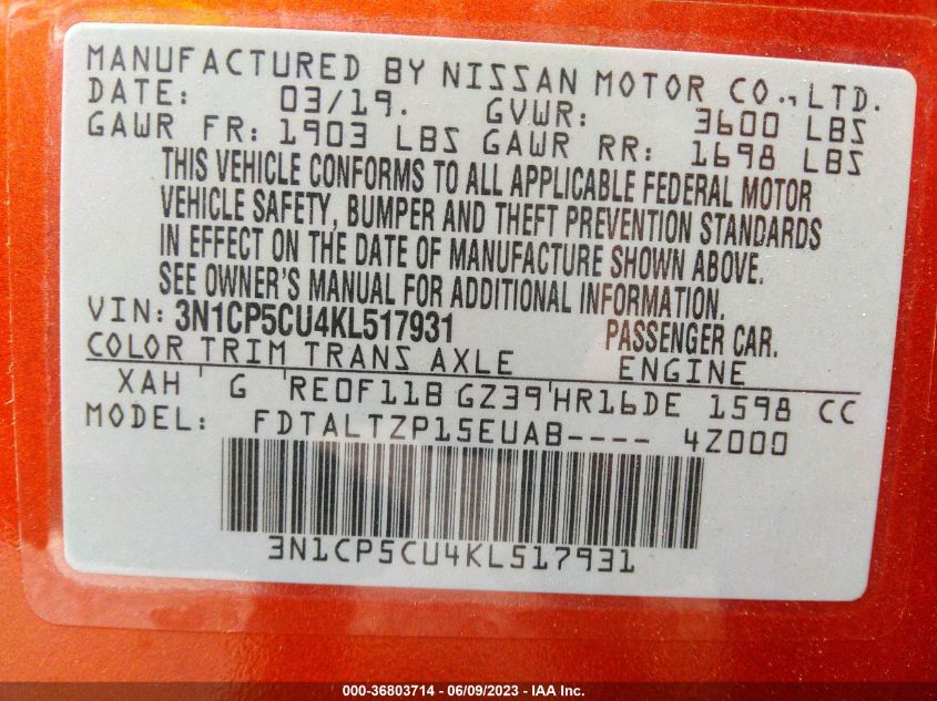 2019 NISSAN KICKS SR - 3N1CP5CU4KL517931