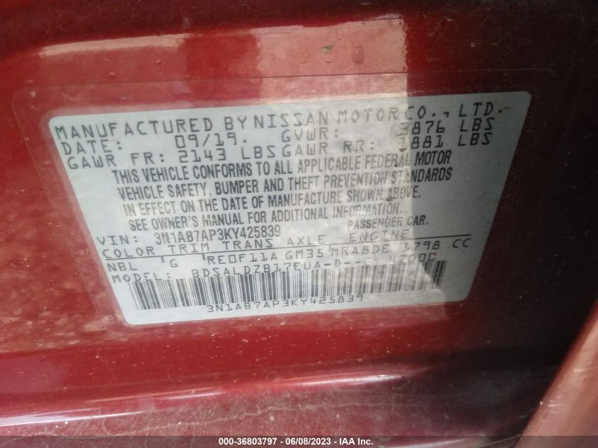 2019 NISSAN SENTRA SV - 3N1AB7AP3KY425839