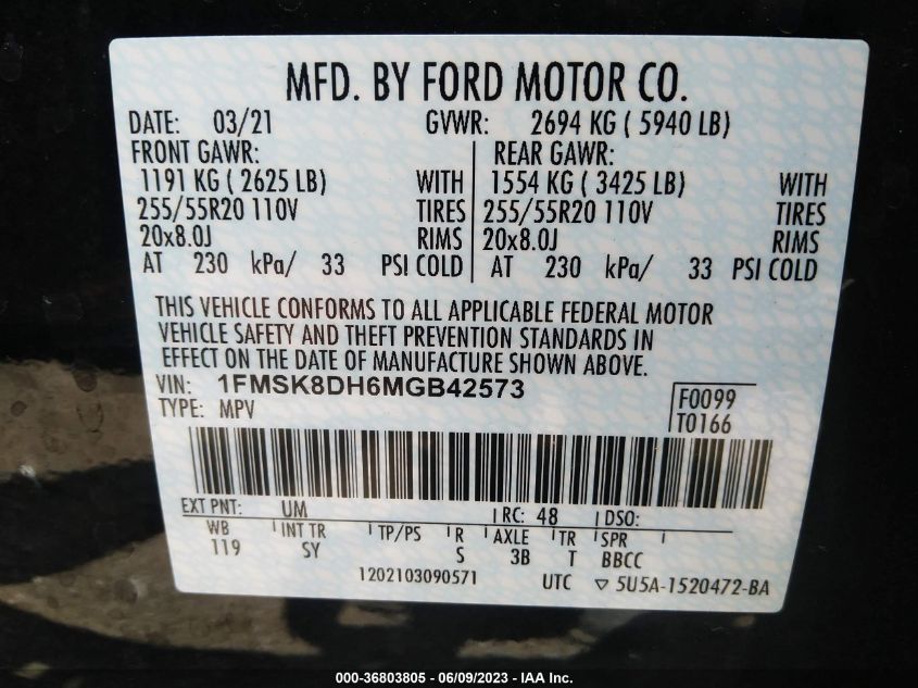 2021 FORD EXPLORER XLT - 1FMSK8DH6MGB42573