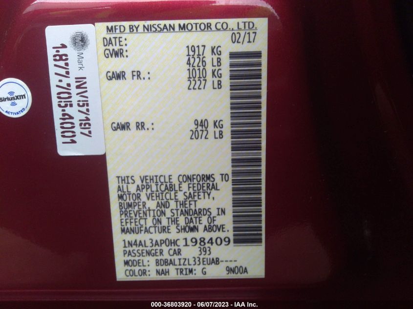 2017 NISSAN ALTIMA 2.5 SV - 1N4AL3AP0HC198409
