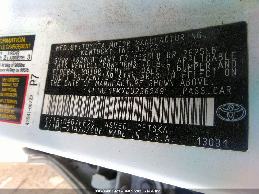 2013 TOYOTA CAMRY L/LE/SE/XLE - 4T1BF1FKXDU236249