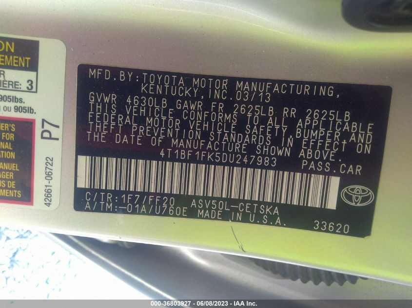 2013 TOYOTA CAMRY SE - 4T1BF1FK5DU247983