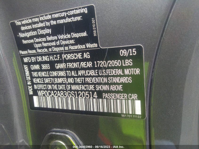 2016 PORSCHE BOXSTER WP0CA2A83GS120514