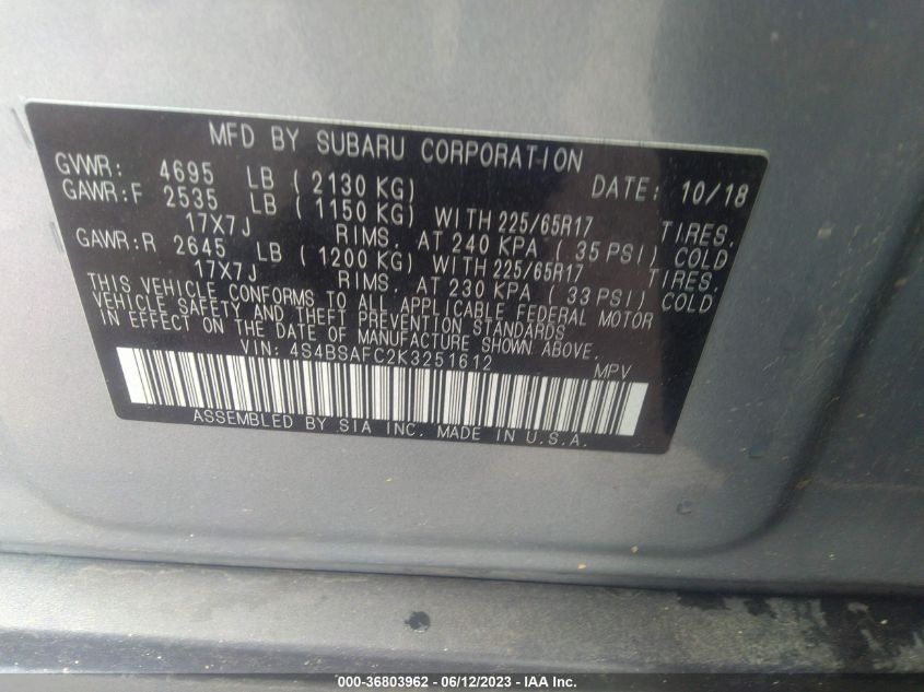 2019 SUBARU OUTBACK PREMIUM - 4S4BSAFC2K3251612