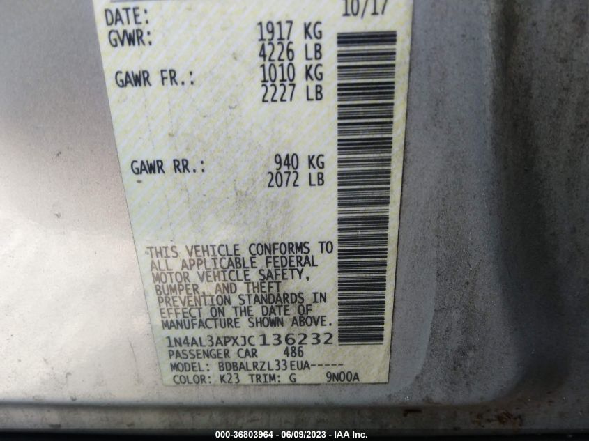 2018 NISSAN ALTIMA 2.5/S/SV/SL/SR - 1N4AL3APXJC136232
