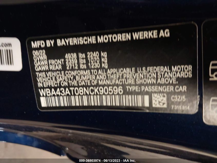 WBA43AT08NCK90596 BMW 4 Series 430I XDRIVE 9