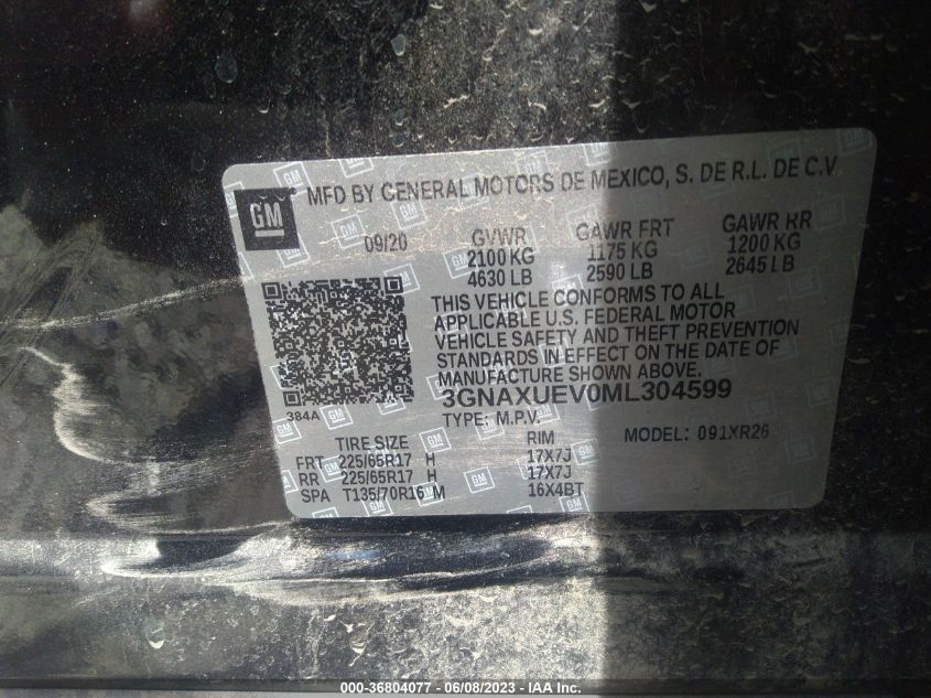 2021 CHEVROLET EQUINOX LT - 3GNAXUEV0ML304599