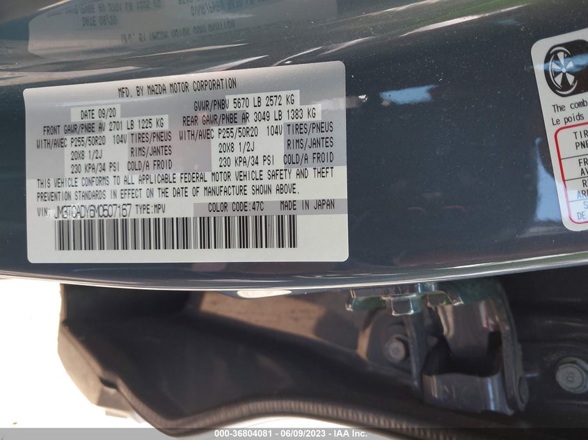 VIN JM3TCADY6M0507167 2021 MAZDA CX-9 CARBON EDITION