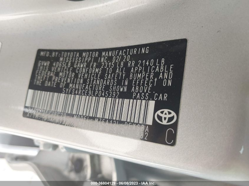 2020 TOYOTA COROLLA SE/NIGHT SHADE - 5YFS4RCE9LP045392