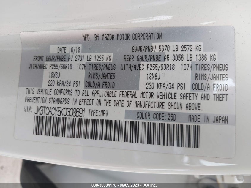 VIN JM3TCACY5K0308691 2019 MAZDA CX-9 TOURING