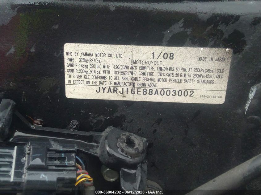 2008 YAMAHA YZFR6 - JYARJ16E88A003002