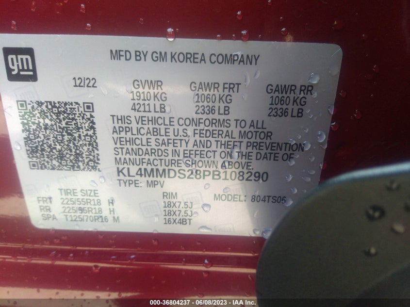 VIN KL4MMDS28PB108290 2023 BUICK ENCORE GX SELECT