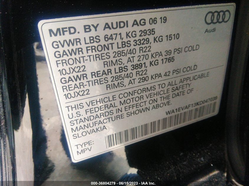 2019 AUDI Q8 PREMIUM PLUS WA1EVAF13KD047039