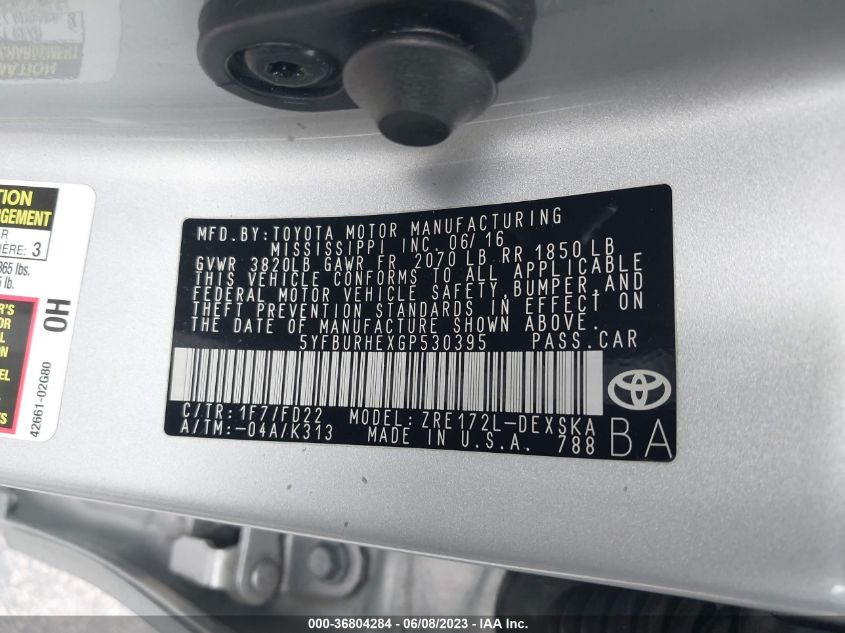 2016 TOYOTA COROLLA L/LE/LE PLS/PRM/S/S PLS - 5YFBURHEXGP530395