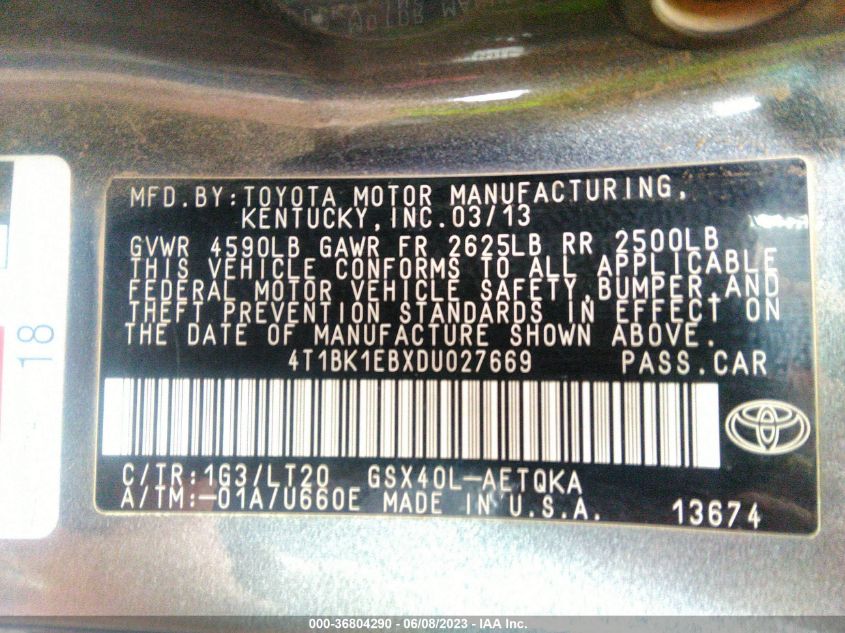 2013 TOYOTA AVALON XLE/LIMITED - 4T1BK1EBXDU027669
