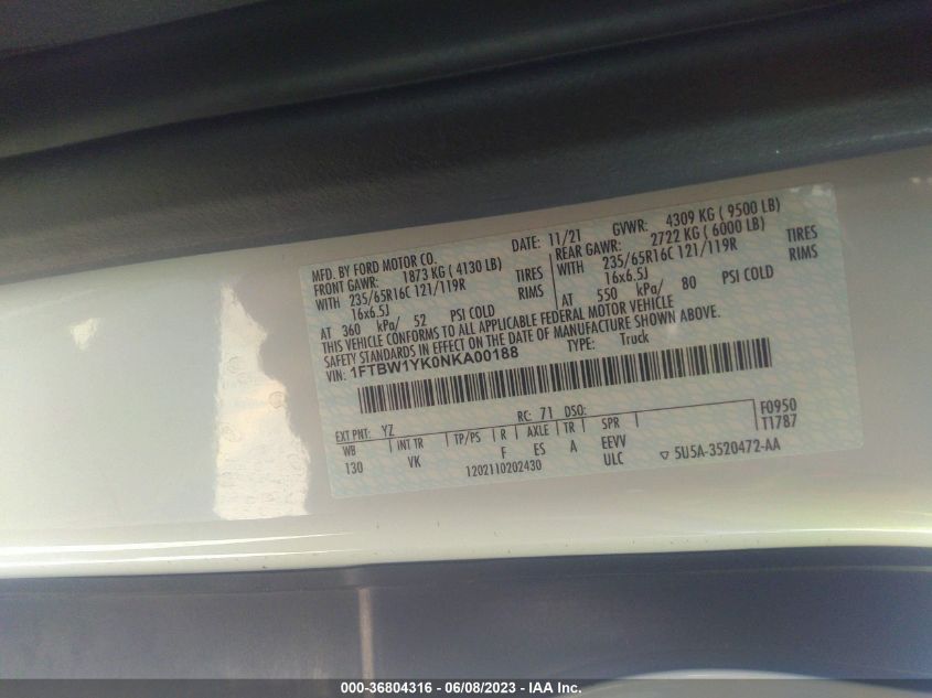 2022 FORD E-TRANSIT CARGO VAN - 1FTBW1YK0NKA00188