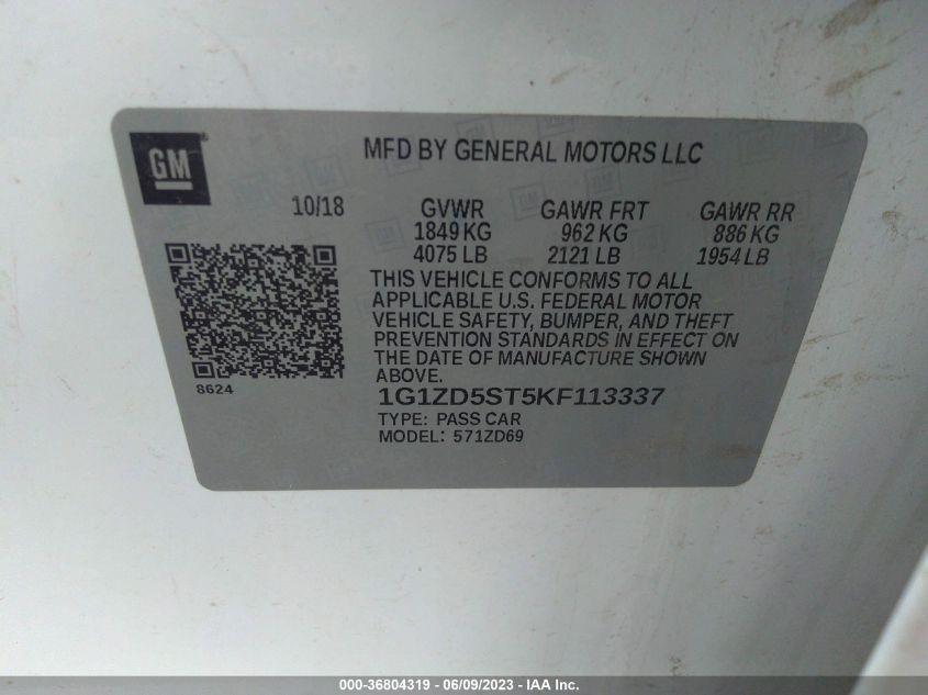 2019 CHEVROLET MALIBU LT - 1G1ZD5ST5KF113337